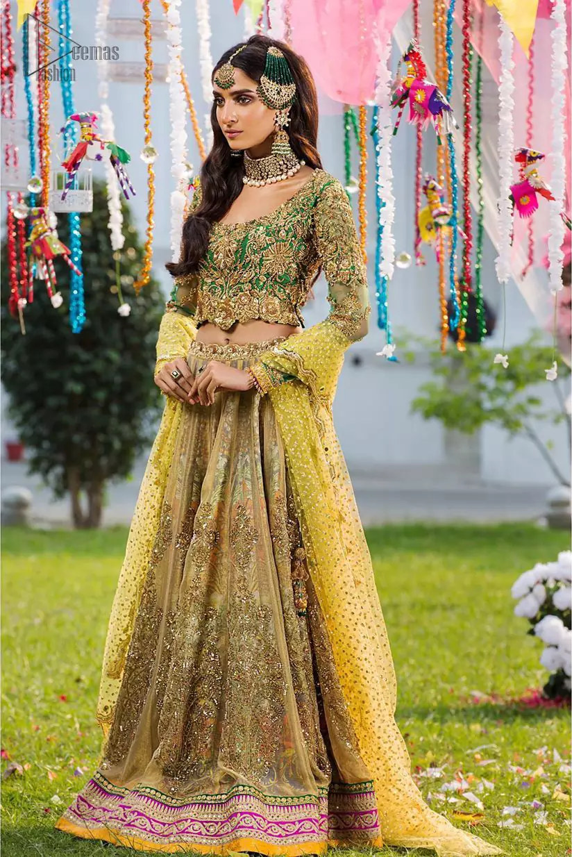 Eid Festival Online Shopping Yellow Top With Mehendi Lehenga and Dupatta  With Heavy Embroidery in USA, UK, Malaysia, South Africa, Dubai, Singapore