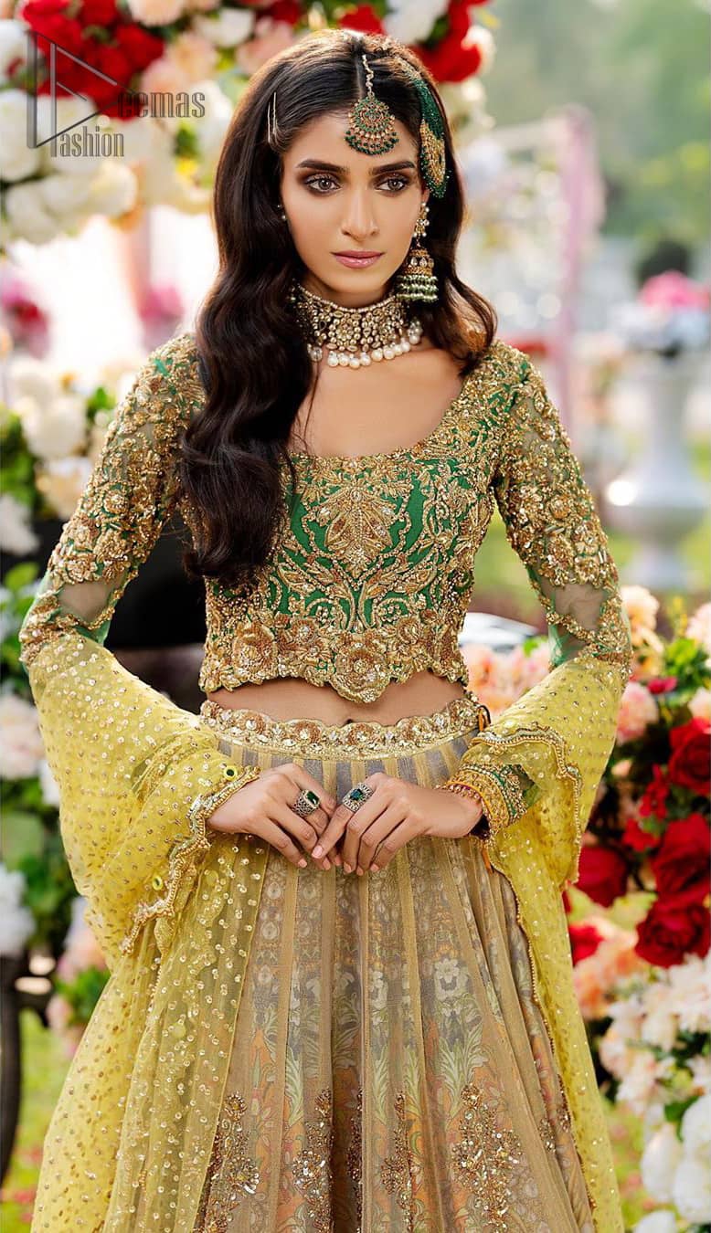 Perfect Mehndi Dress - Green Scalloped Blouse - Yellow Lehenga