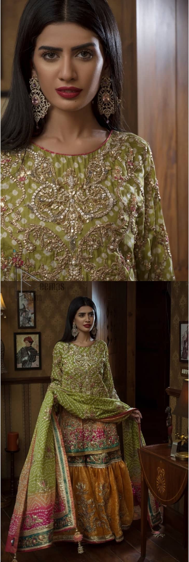 Brighten up your look with this beautiful mehndi dress comes with a beautiful parrot green shirt. This shirt is adorned with light gold kora, dabka, tilla and sequins work, furthermore the hemline is enhanced with applique embellishment. Paired it up with traditional jamawar gharara ornamented with zardozi work and finished with lace embellished border. It is coordinated with parrot green dupatta dyed from pallu in two colors and adorned with applique embellished border.
