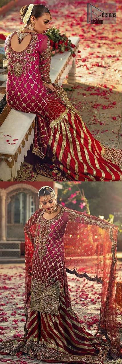 This elegant ensemble turns timeless piece into a chic fantasy. Crafted artfully with detailed work on border and traditional neckline finessed with kora, dabka and kundan. Shirt is furthermore enhanced with geometric patterns and scalloped lace hemline. It comprises with red sharara with embellished detailed bottom and gotta work. Style it up with red chiffon dupatta focusing on kora and dabka handwork scalloped borders on all four sides and sprinkled sequins on all over.