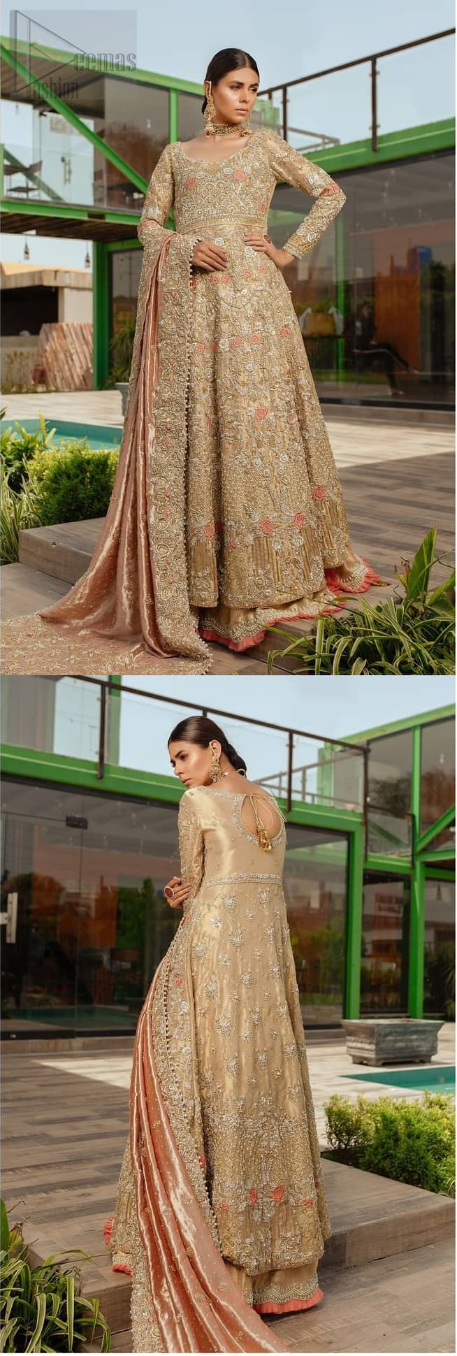 Nothing speaks of femininity and class louder than this outfits for bridesmaids. It is highlighted with golden and silver kora, dabka, tilla, sequins and pearls. The maxi is heavily ornamented with floral jaal done with zarozi work and floral motifs are decorated with peach and ivory thread embroidery. It comes with fawn lehenga adorned with scalloped embroidered bottom. Furthermore, lehenga is enhanced with peach frilled bottom. It is coordinated with peach dupatta which is sprinkled with sequins all over it. It is further furnished with four sided thick border.