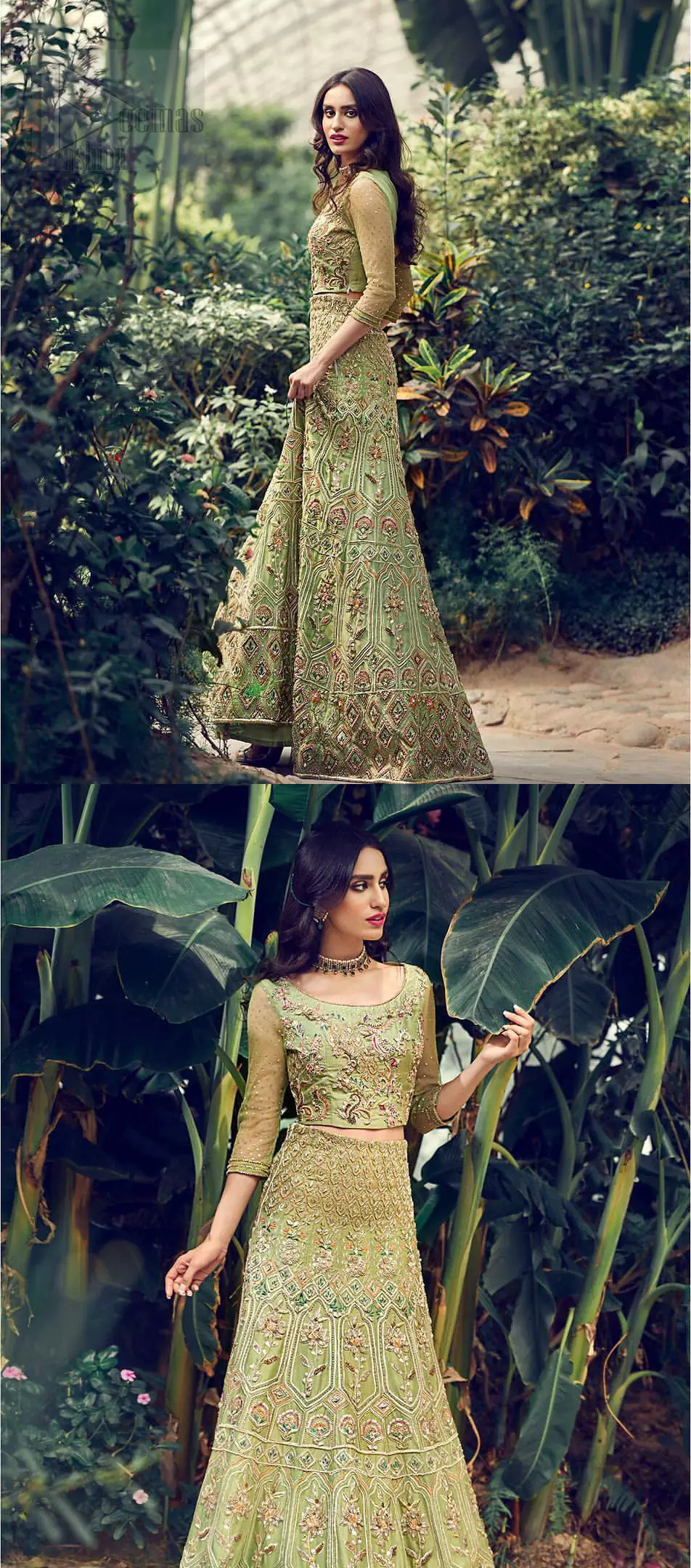 Nothing speaks of femininity and class louder than this mehndi outfits for bridesmaids. Steal the moment with this outfit with this shabby chic statement intensified with rich thread embroidery all over the front and bold patterns at daaman od the lehenga. Furthermore, it is enhanced with floral motifs all over decorated with multiple color thread embroidery. It is coordinated with parrot green blouse done with golden zardozi work and three quarter sleeves. Style it up with chiffon dupatta scattered with sequins all over.