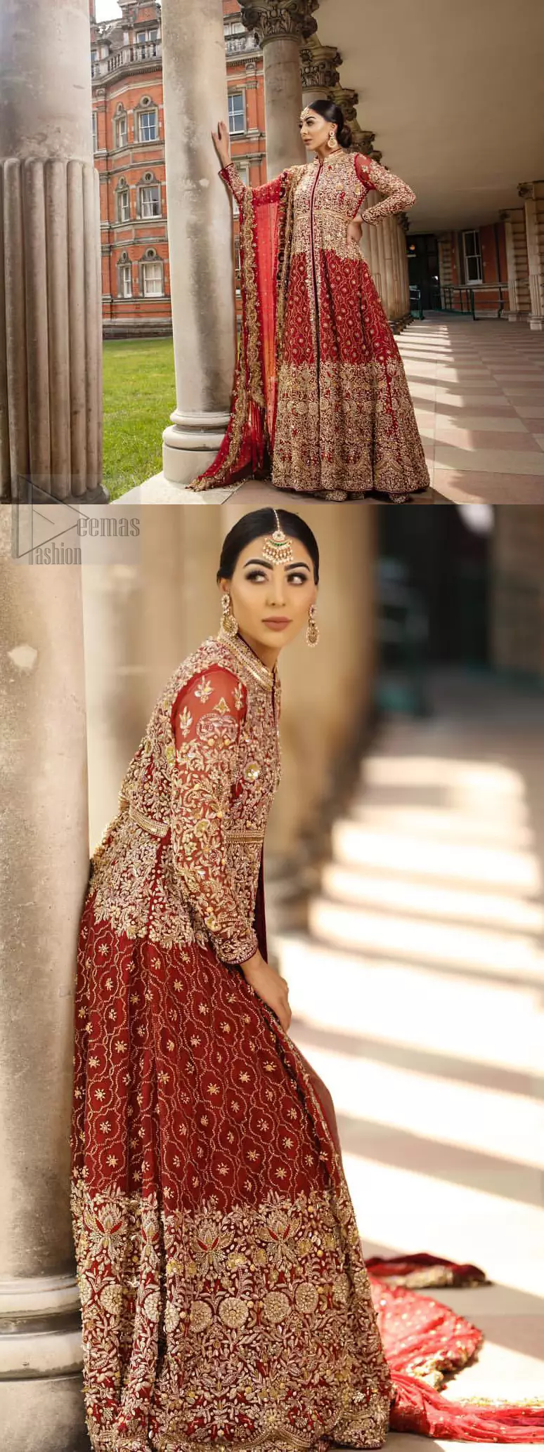 Crafted with love. Make your big day more beautiful with our excessively embroidered front open gown featuring delicately embellished neckline along with geometric patterns highlighted in zardozi detailing and intricately embroidered bottom that gives perfect ending to this outfit. Crafted artfully with golden kora, dabka, tilla, sequins and thread work. The embellished alluring scalloped borders dupatta gives the perfect ending to this peplum. The dupatta is furthermore enhanced with dangling tassels and multiple color thread embroidery.
