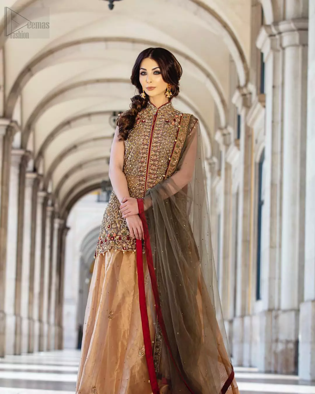 taupe gray front open shirt fawn lehenga 3