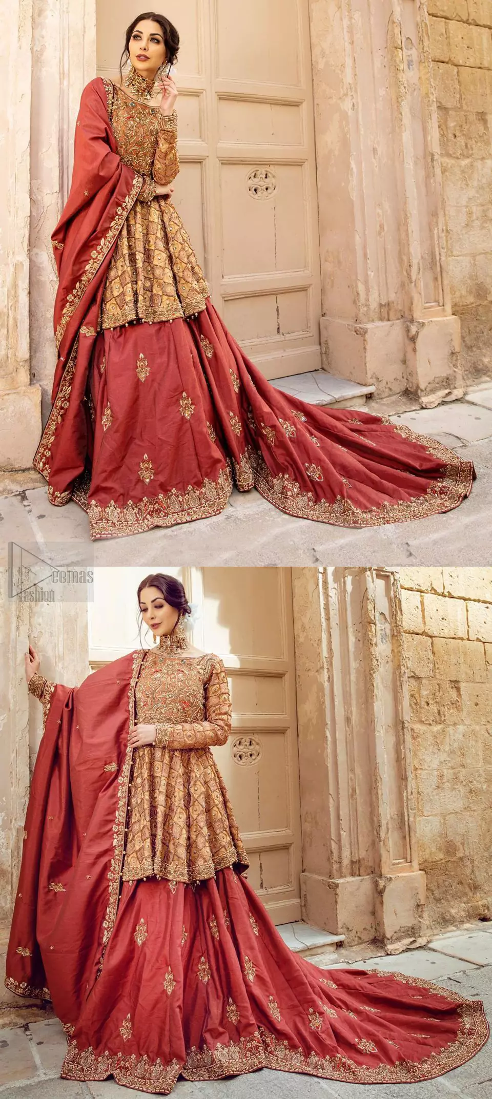 Pakistani Wedding Dress - Tea Pink Short Frock Coral Back Train Lehenga