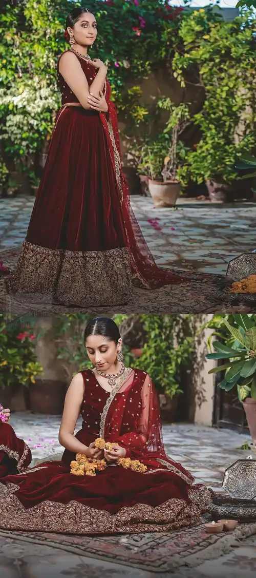Let the crowd stare and make it worth their while when you walk wearing this maroon velvet lehenga blouse. Designed