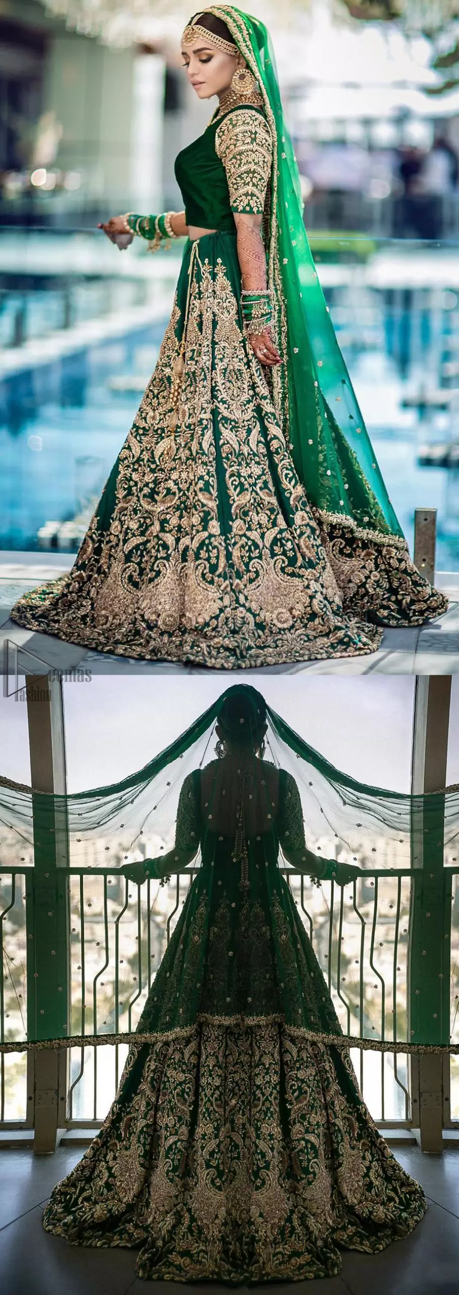 This artisanal piece is rendered in grace and timelessness. This outfit makes a statement in this stunningly floraison, perfect blend of glamour and tradition with outstanding craftsmanship and gorgeous detailing. This mehndi dress in a dreamy shade of green, enhanced with hand embellishments on neckline and sleeves. The wide flared lehenga is an example of remarkable handiwork with a lot of attention to detail. The sculptured embroidery is in the shade of golden. Complete the look with bottle green organza dupatta emphasized with tiny floral motifs on the ground and four sided embellished border.