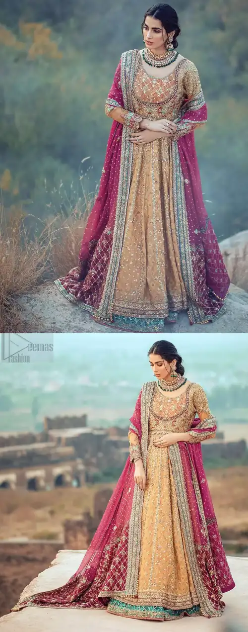 This exceptionally detailed anarkali frock is cut in a seductive fit and flare silhouette that’s sure to turn heads. The