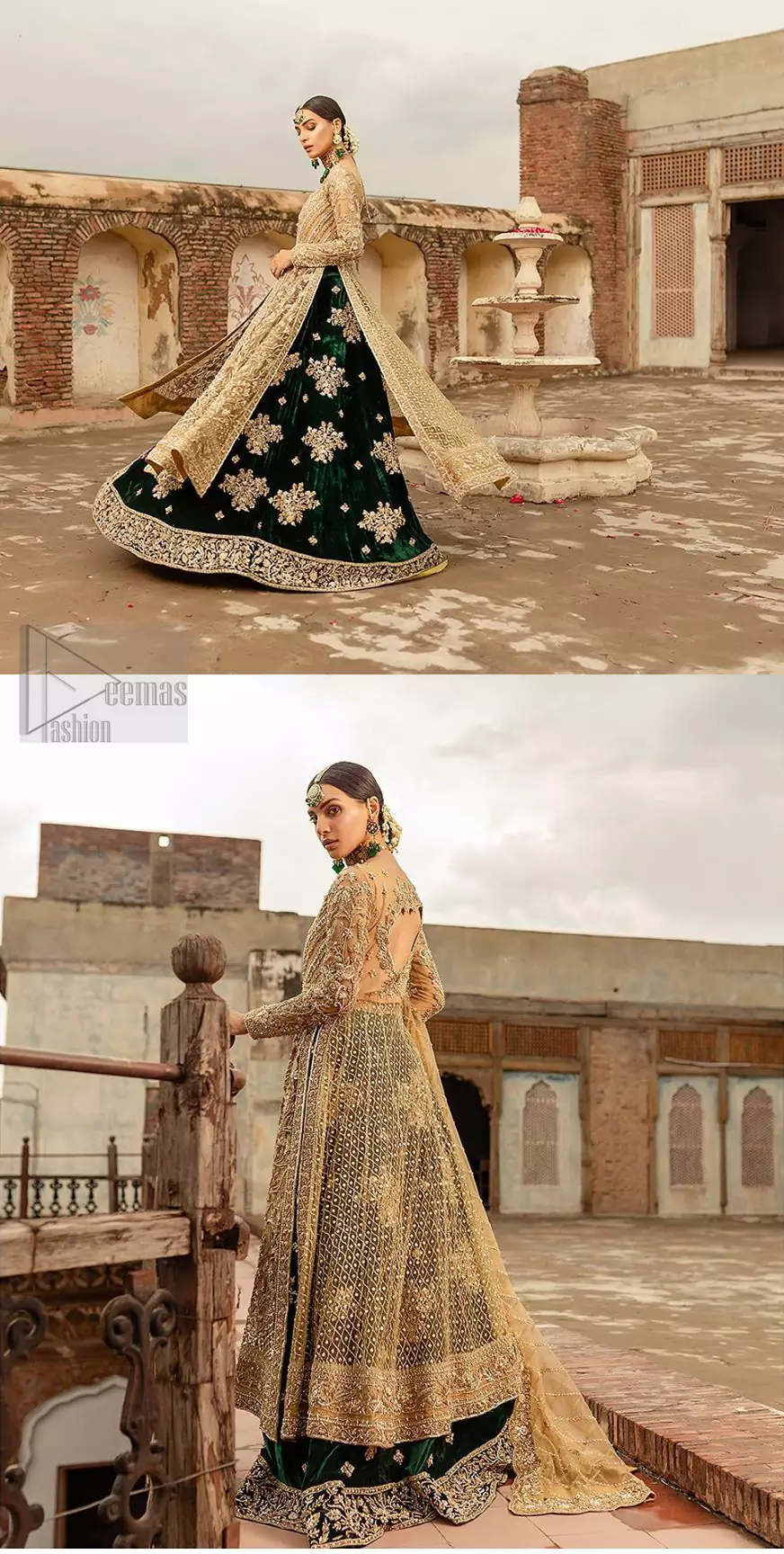 The new season is all about making a statement. Make your moment memorable being a queen in our fawn front open pishwas intensified with voguish sleeves, floral pattern all over and finished with thick embroidered border. The back of the shirt is also enhanced with criss cross patterns filling with beads. Pair it up with bottle green velvet lehenga emphasized with scattered floral motifs and intricate zardozi detailing at the bottom. Dupatta is decorated with vintage froral and finished with embroidered scalloped border on four sides which makes this outfit more beautiful.