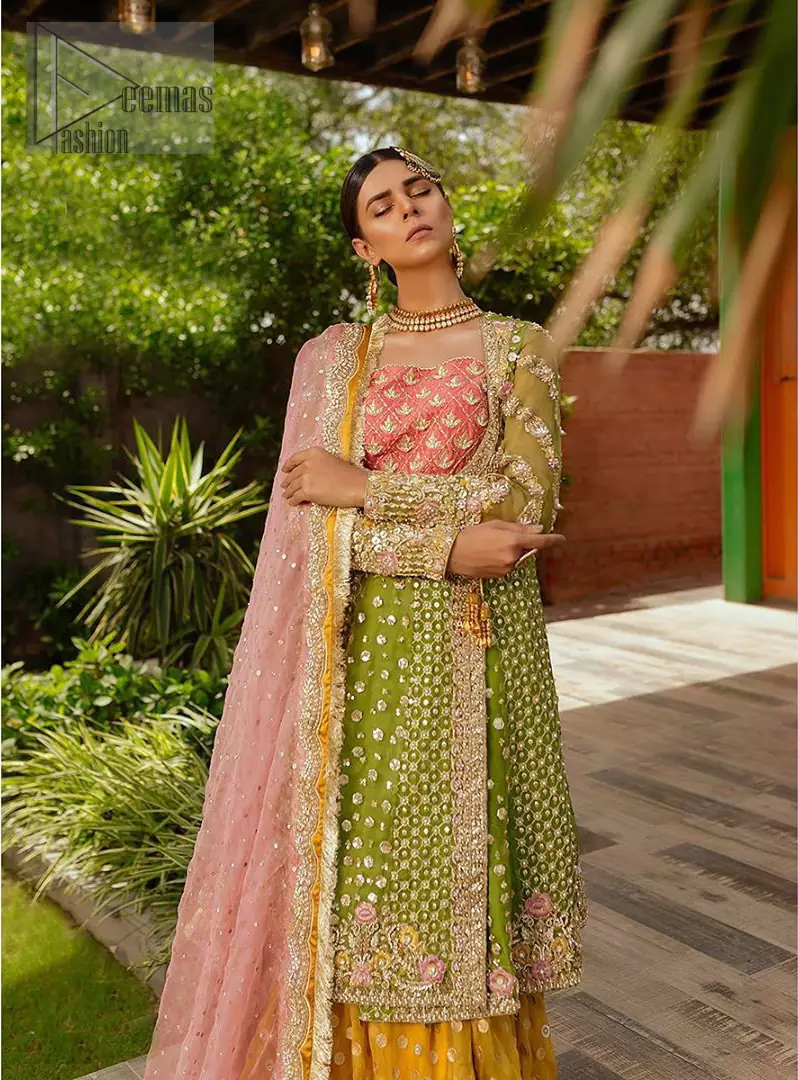 Parrot Green Angrakha Frock Yellow Sharara Bridal Mehndi Dress