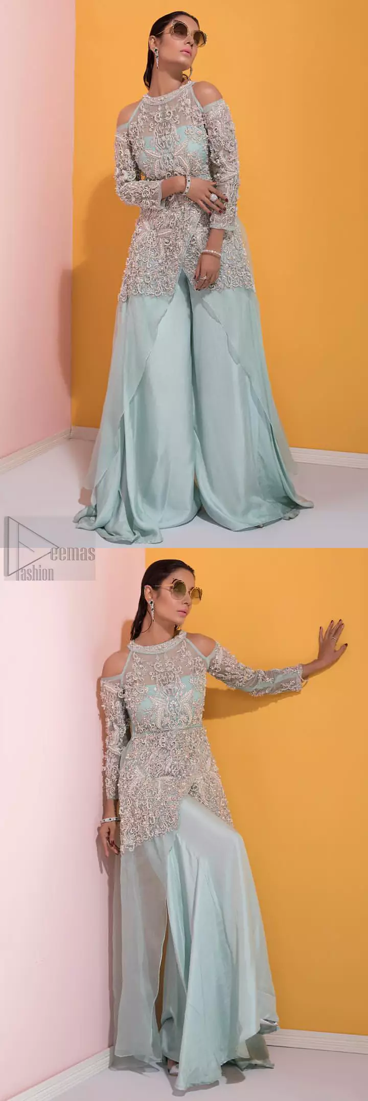 A fashion forward style statement that is contemporary yet chic. This handcrafted remarkable ensemble includes art deco design elements. Unique craftsmanship and detailed embellishments on the pastel green shirt creating delicate yet flamboyant pieces of art in your wardrobe collection. Cold Shoulder sleeves and halter illusion neckline make it more remarkable. To complete the look, go with palazzo pants and organza dupatta sprinkled with sequins all over.