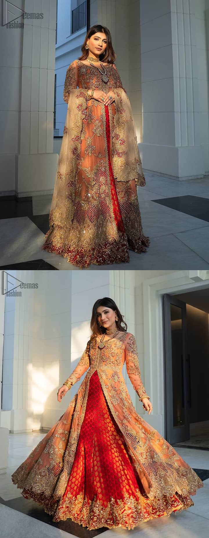 Details make perfection and perfection is not a detail”-DaVinci. This beautiful quote embodies what the DeemasFashion tries to achieve in its every ensemble which is customised to perfection. This beautiful play of red and orange makes for a stunning. The upper layer of maxi is beautifully crafted with multiple color zardozi work and embroidered jaal. The bottom of inner are even more enhanced with golden zardozi embellishment and finished with scallops. It comprises with churidar pajama and fawn chiffon dupatta. The embellished alluring cut work floral border gives the perfect ending to veil or dupatta.