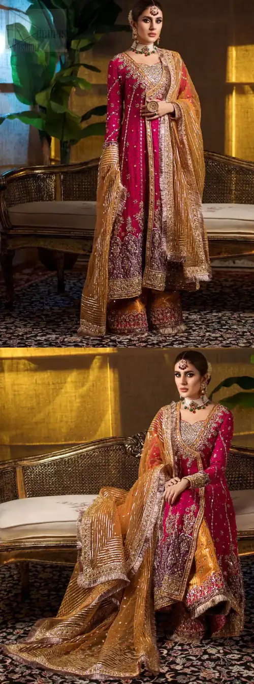 Impeccably on trend. The chic yet elegant front open angrakha style frock is decorated with vertical embroidered lines, embellished neckline