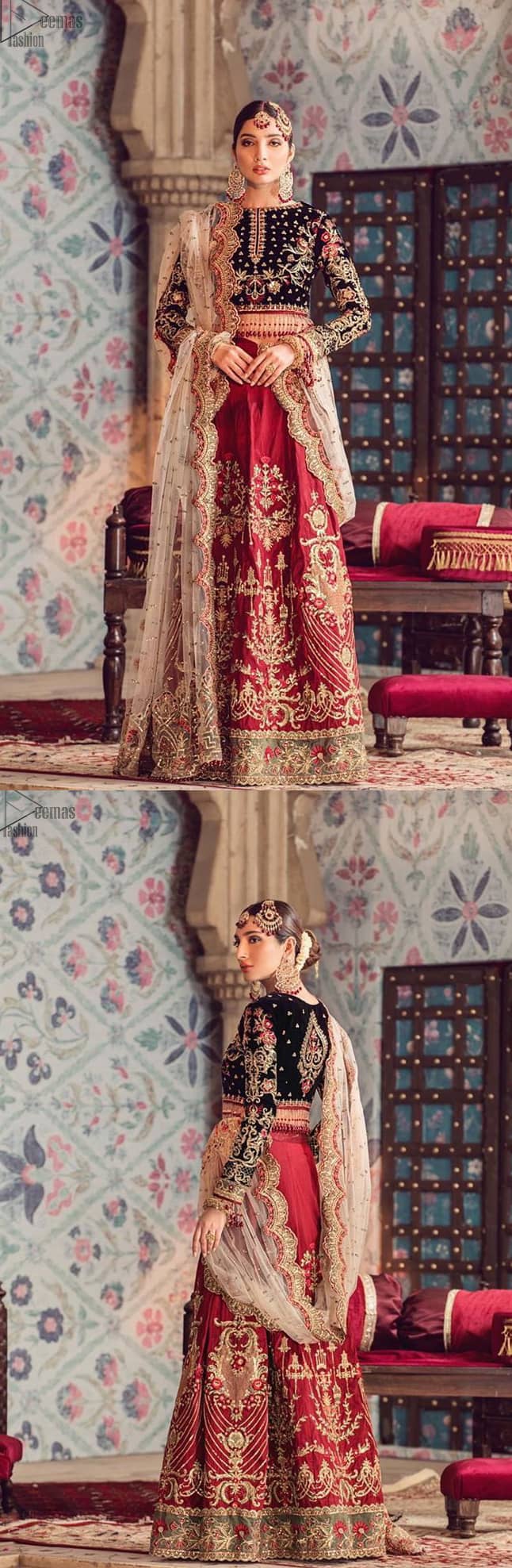 The new season is all about making a statement. Captured in traditional silhouette, The bridal stands out due to its uniqueness and the perfect fusion of modern cut and traditional embroidery. Black velvet blouse is beautifully decorated with multiple colour embroidery and finished with tassels. It comes with full embellished velvet lehenga adorned with applique all around the edges and motifs all over it. This outfit is coordinated with beige net dupatta which is sprinkled with sequins all over it. It is further furnished with a four-sided scalloped border.