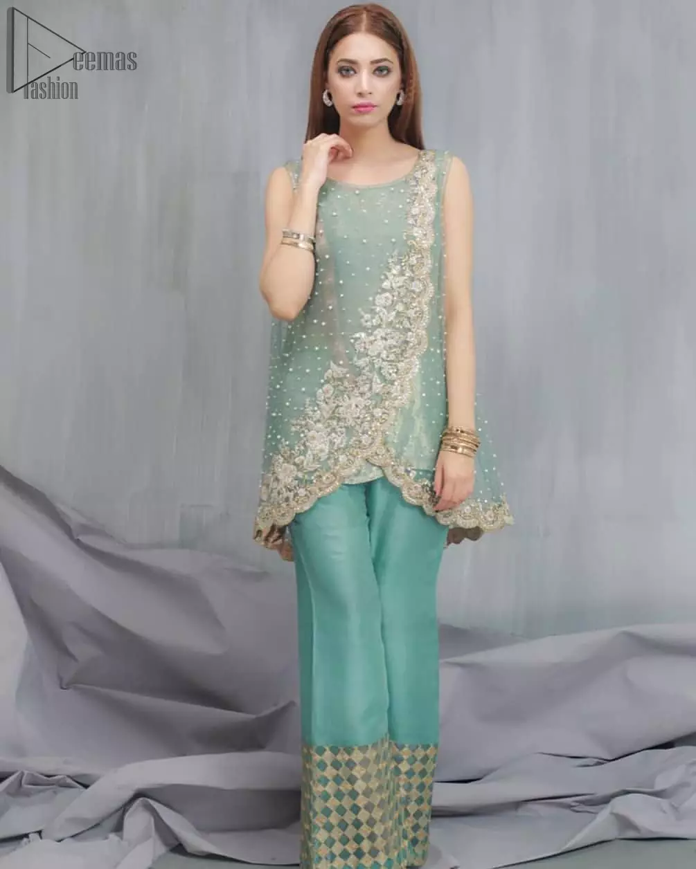 Sea Green Overlapped Pakistani Party Wear Shirt with Bell-Bottoms