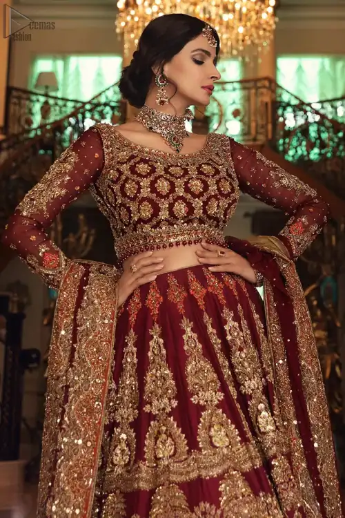 Maroon Blouse n High Rise Lehenga - Appliqued Dupatta