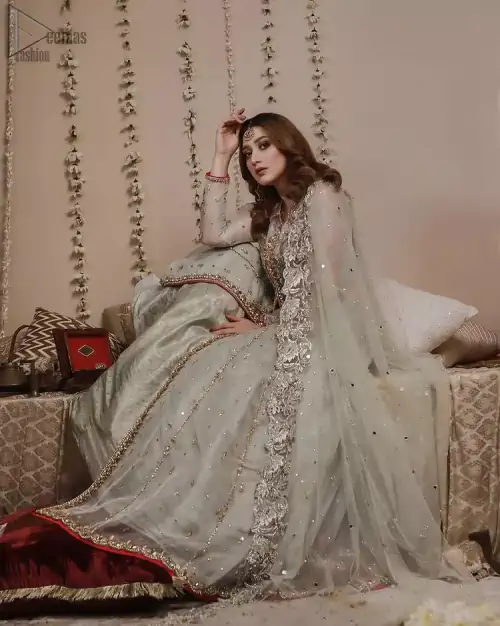 Mint Green Front Open Gown - Banarsi Lehenga