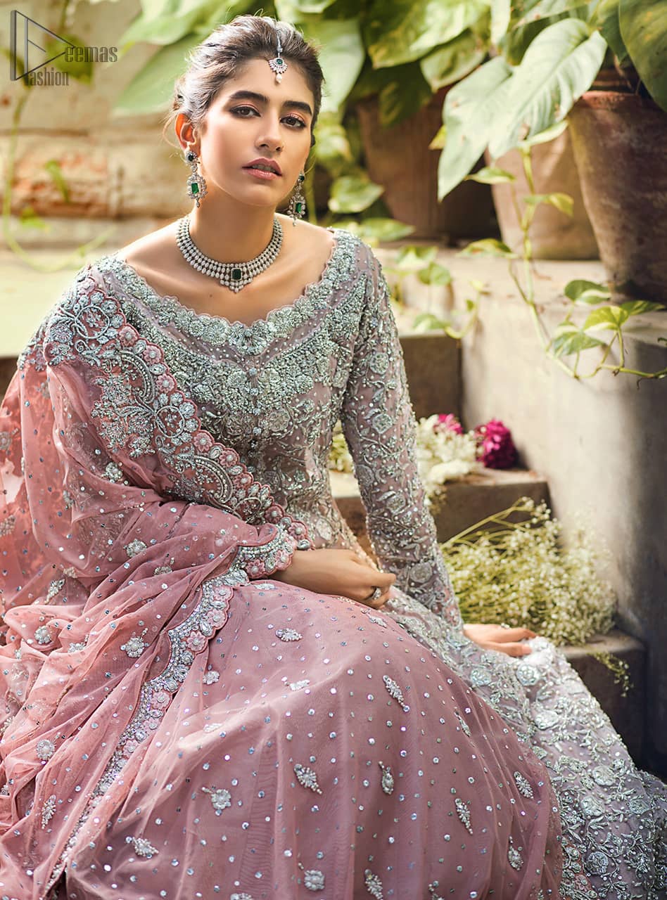 Pink Front Open Gown - Ruffled Sharara