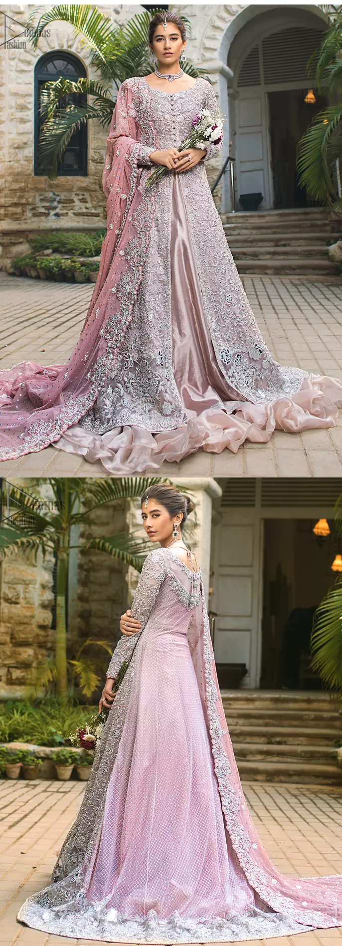 Pink Front Open Gown - Ruffled Sharara, Pair it up with a pink inner maxi and ruffled sharara gives the perfect ending to the outfit. The dupatta incorporates beautifully designed borders on all four sides, focusing on the heavily embellished pallu borders to give it a perfect maharani look.