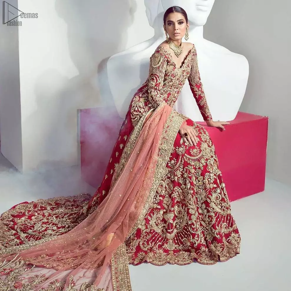 An example of beauty and elegance. Look breathtakingly stylish in this embroidered regalia furnished with an intricately fully embroidered back train Lehenga and Shirt.