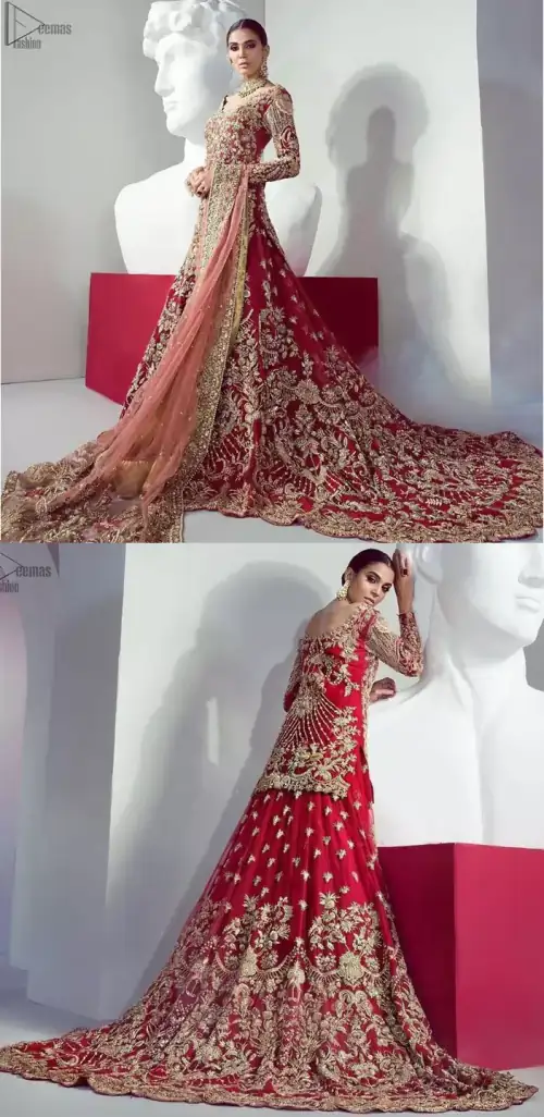 Red Back Train Lehenga Shirt – Tea Rose Dupatta