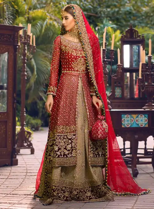 Red Back Train Shirt - Golden Lehenga