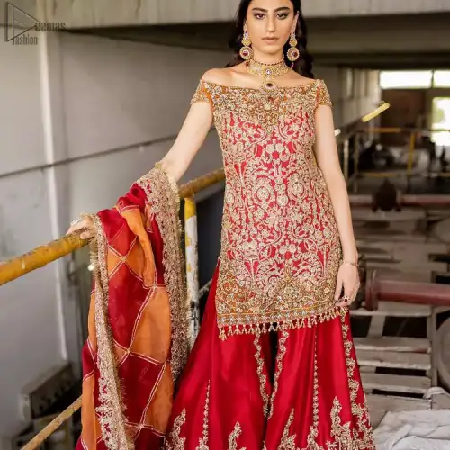 Red Off Shoulder Short Shirt - Chatta Patti Sharara n Dupatta