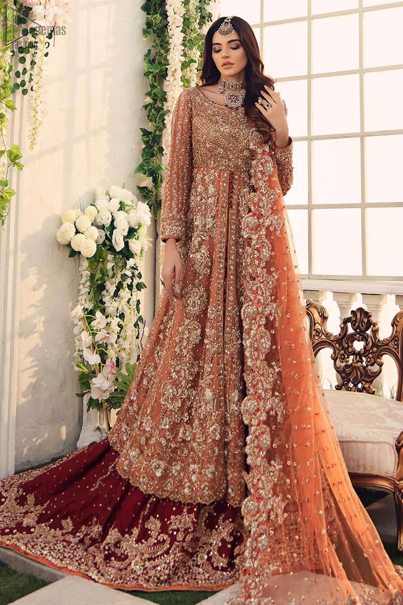 Salmon Front Open Gown - Maroon Back Train Lehenga