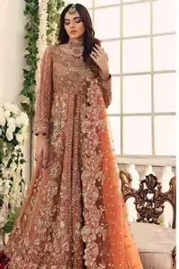 Salmon Gown Red Back Train Lehenga