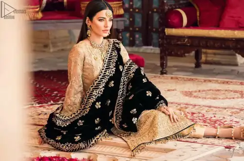 The beige pure organza shirt has been appliqued with black velvet on cuffs and on the hemline. This straight shirt