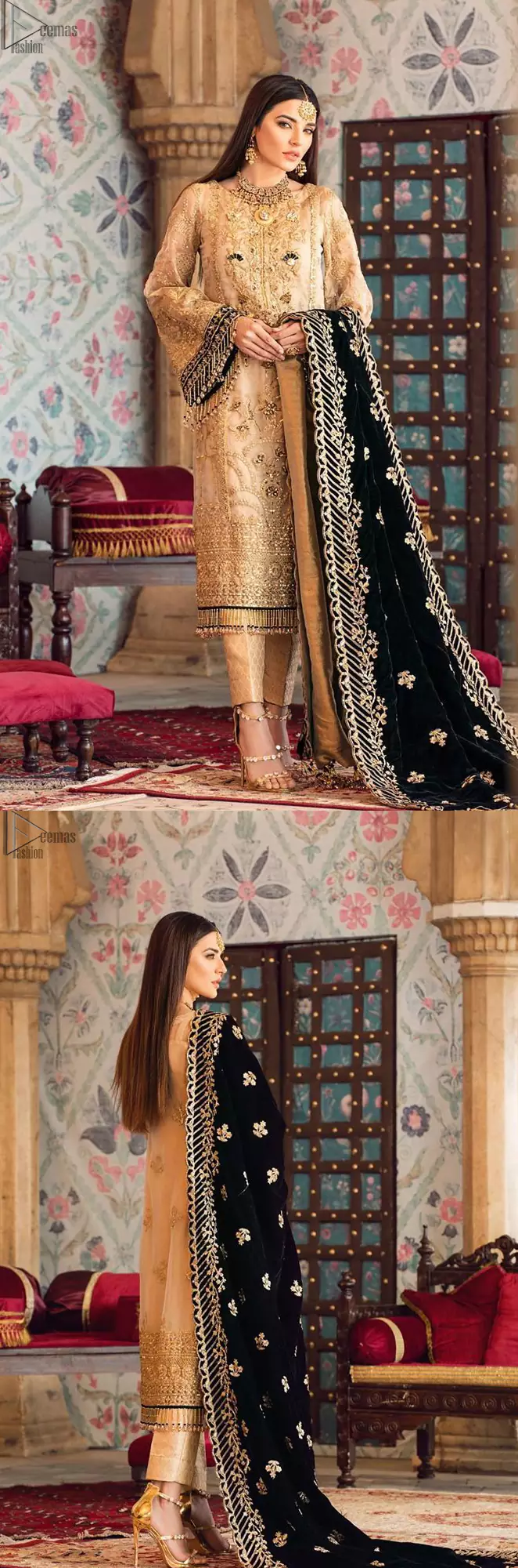 The beige pure organza shirt has been appliqued with black velvet on cuffs and on the hemline. This straight shirt comes with pure banarsi jamawar cigarette Pants. Dupatta is like a shawl in velvet a perfect combination for Nikah n Engagement.