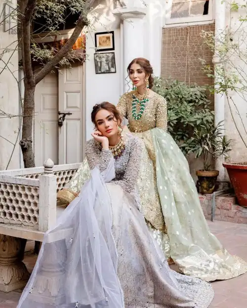 Light Gray Front Open Nikah Wear Maxi and Pure Katan Banarsi Jamawar Lehenga