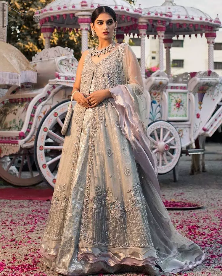 Light Grey Blouse Lehenga - Front Open Jacket Gown