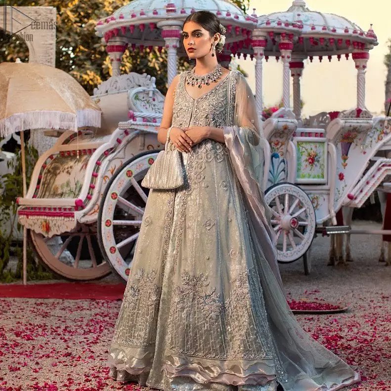 light gray lehenga blouse front open gown 05