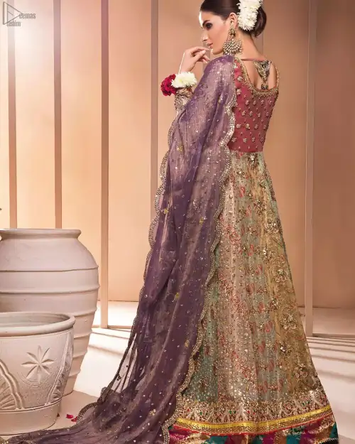 Copper Rust Bodice Multiple Panel Frock - Light Purple Dupatta