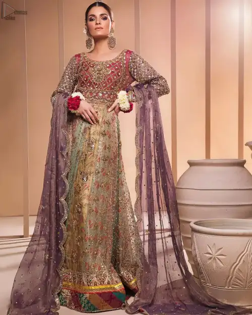 Copper Rust Bodice Multiple Panel Frock - Light Purple Dupatta