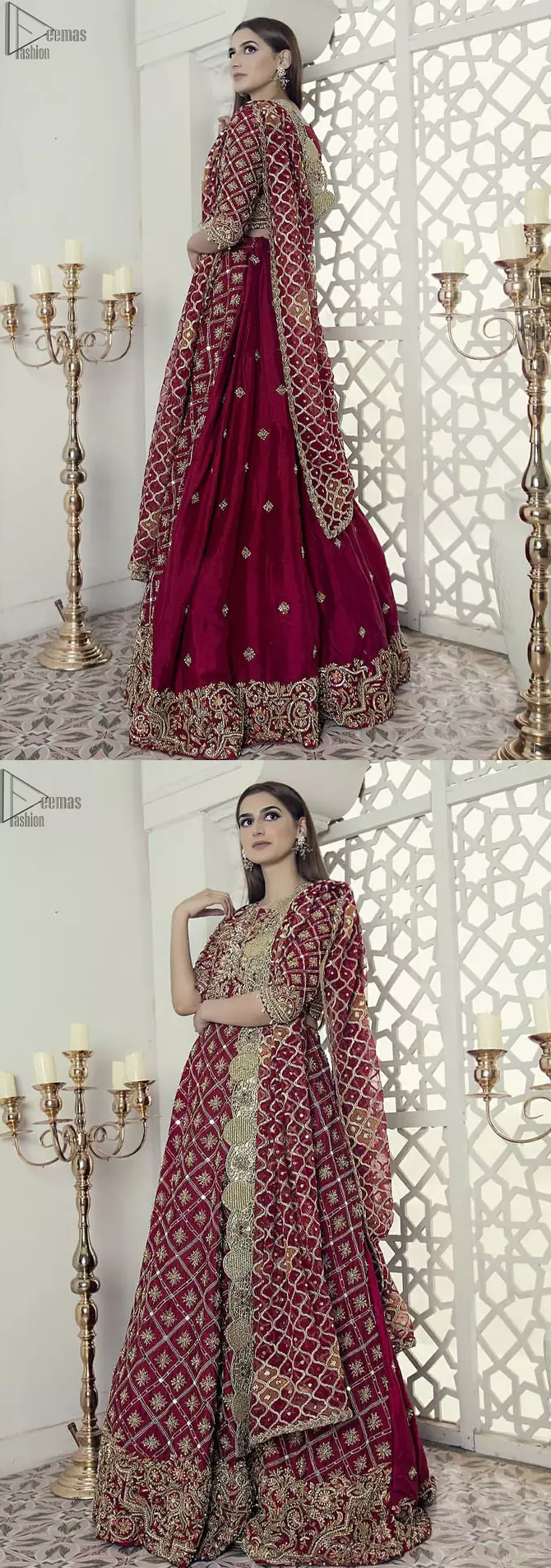 Maroon fully embroidered blouse cross-check lehenga n dupatta. This outfit is Crafted with love and classically designed to make your memorable day beautiful as it should be. This blouse comes with cross-check embroidery pattern lehenga. This lehenga dress is timeless and elegant with a touch of modern trend! 