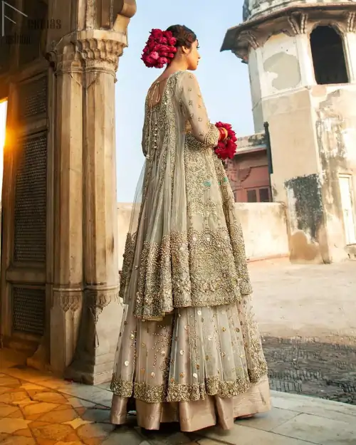 Pastel Green Double Layer Frock - Tea Rose Sharara. Fabulously stitched, Pastel Green double flared frock in maxi style is