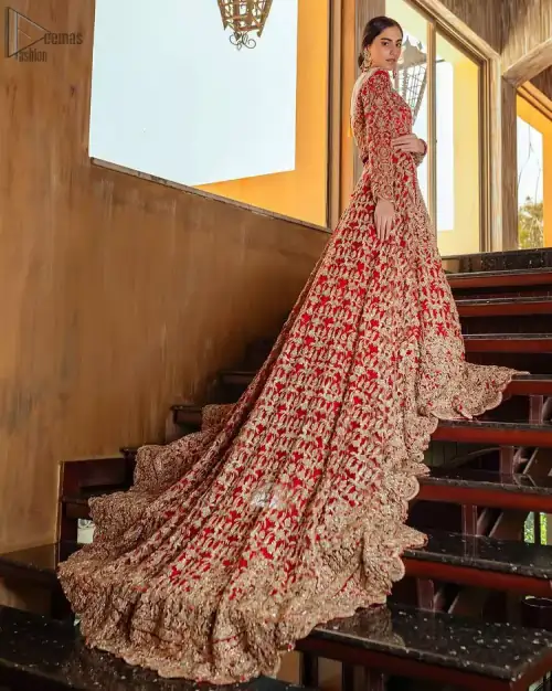 Red Off Shoulder Blouse - Back Train Lehenga n Dupatta for wedding