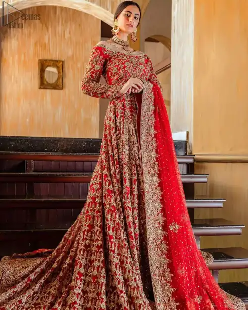 Red Off Shoulder Blouse - Back Train Lehenga n Dupatta for wedding