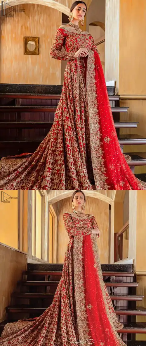 Red Off Shoulder Blouse - Back Train Lehenga n Dupatta for wedding