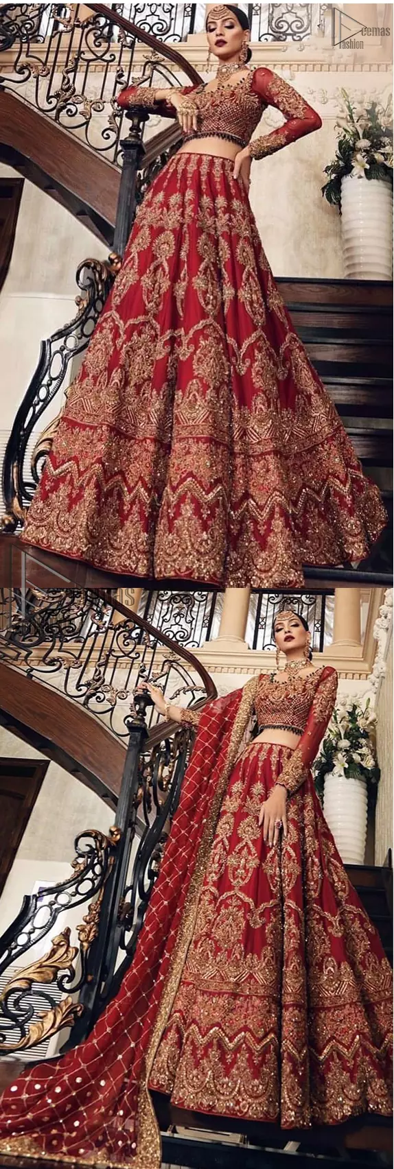 Poise, Beauty, and Charm. Feel pampered in this finely handcrafted celestial-inspired ensemble, deftly ornamented with intricate hand-embroidery. Fitted red blouse with cross-check pattern work and solid embroidery. Pakistani bridal dress comes with a large flare lehenga having multiple panelled embroideries.   Pure Organza dupatta has heavy four-sided borders and cross-checks pattern embroidery. 