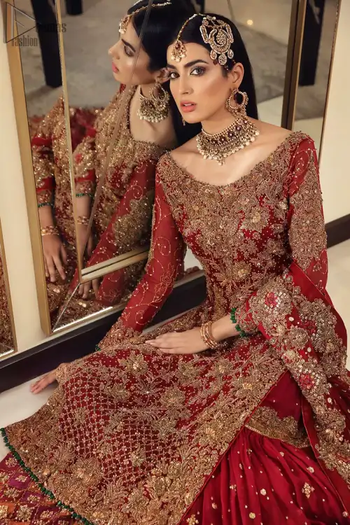 Maroon bridal wear long shirt, appliqued Gharara and matching heavily embroidered dupatta. We will make you believe in fairy-tales! Ethereal