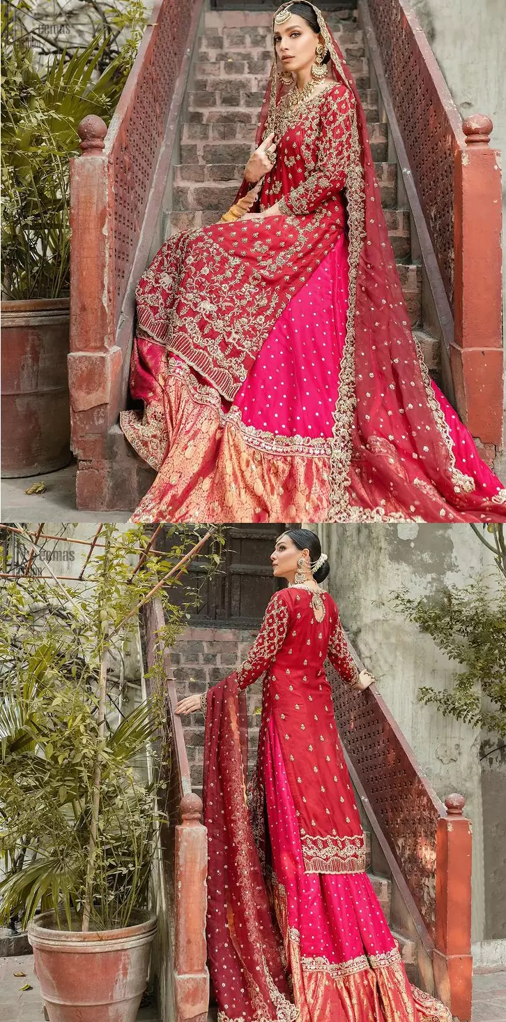 It’s ALL in the details, This breathtaking wedding dress offers comfort without compromising on style. This outfit laden with ornamental embellishments and embroidery creates such a fairytale touch to your big day. Paired with a pink sharara creates an unusual charisma wholeheartedly. Embroidery is done in the shade of golden and tiny floral motifs scattered all over the shirt. Sharara is emphasized with sequins spray and zardozi details at the bottom. Complete the look with a red dupatta having scalloped borders and scattered tiny floral motifs all over the ground.