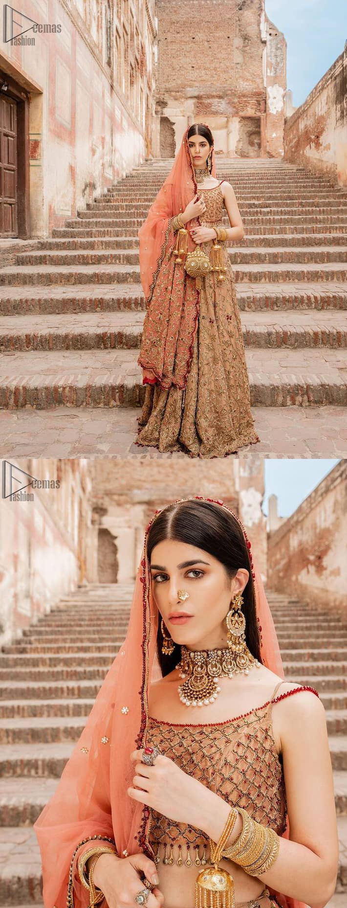 Crafted with love. This beautiful bride is a vision of impeccable grace and elegance in a divinely crafted bridal couture, with the exquisite embroideries that add the royal touch to the outfit. This off-shoulder blouse is meticulously crafted with zardozi work in the shades of golden and antique, finished the blouse with dangling tassels. The lehenga is emphasized with hand embellished floral embroidery with kora, dabka, tilla, sequins and beads all over. The look is complete when it gets paired up with an organza dupatta having scalloped finishing along the length and floral jaal on both sides of pallu.