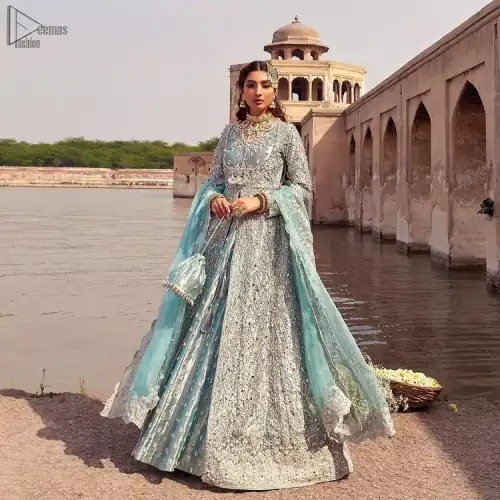 Baby Blue Front Open Maxi Lehenga - Dupatta