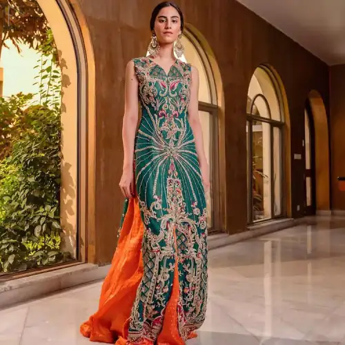 Bottle Green Front Open Shirt – Orange Sharara