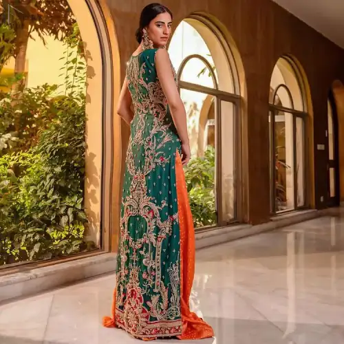 Bottle Green Front Open Shirt – Orange Sharara