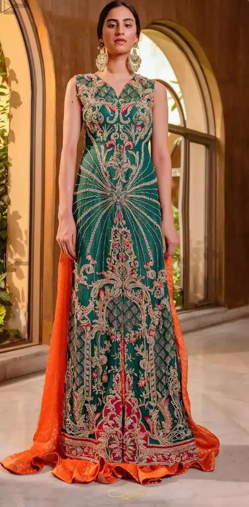 Bottle Green Front Open Shirt – Orange Sharara