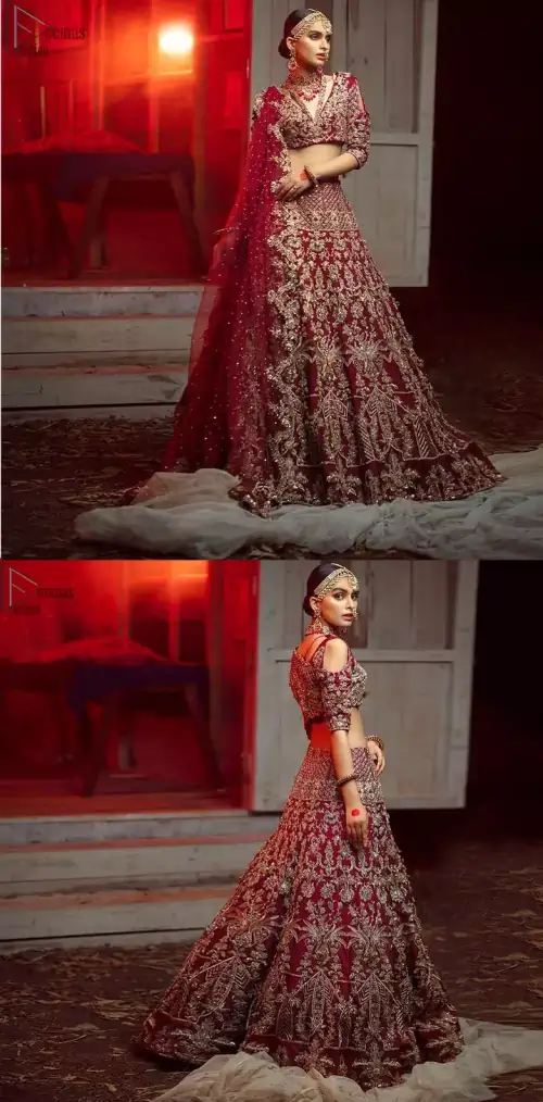 Maroon Pakistani bridal wear half blouse and lehenga comes with dupatta. Deep red half blouse choli along with same colour
